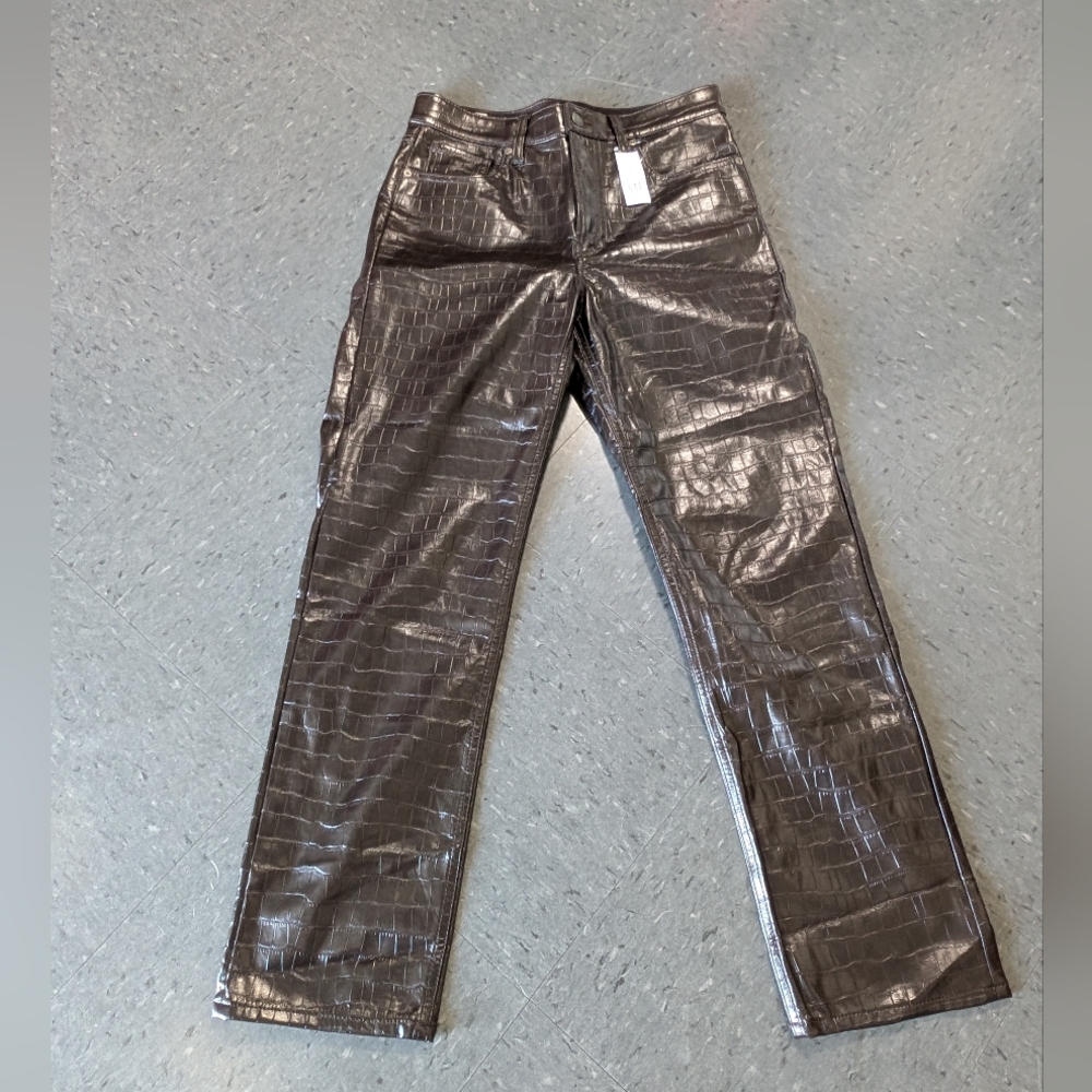 GAP Cheeky Straight High Rise Embossed Leather Pants in Dark Brown 28 6R NWT